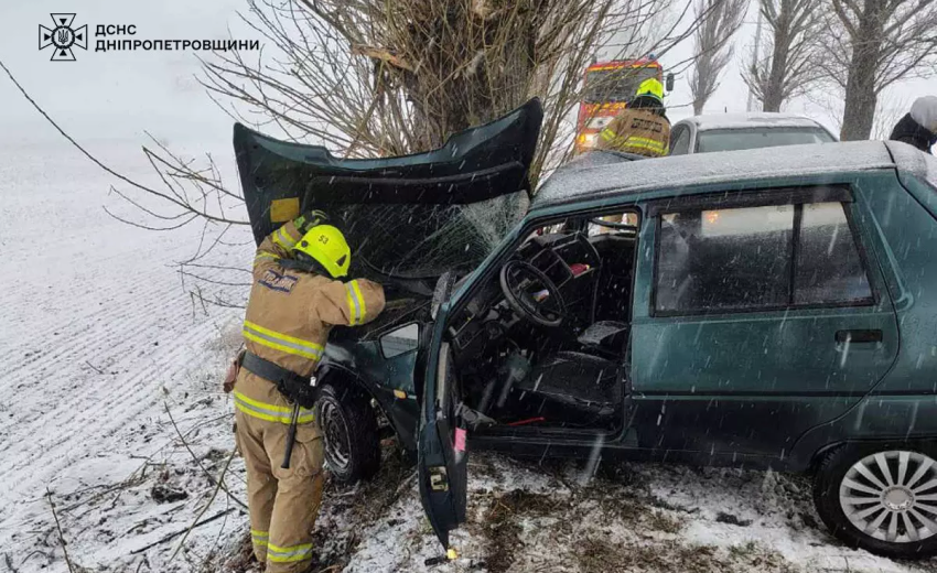 У Дніпровському районі водій ЗАЗ влетів у дерево: рятувальники деблокували людей з понівеченого авто