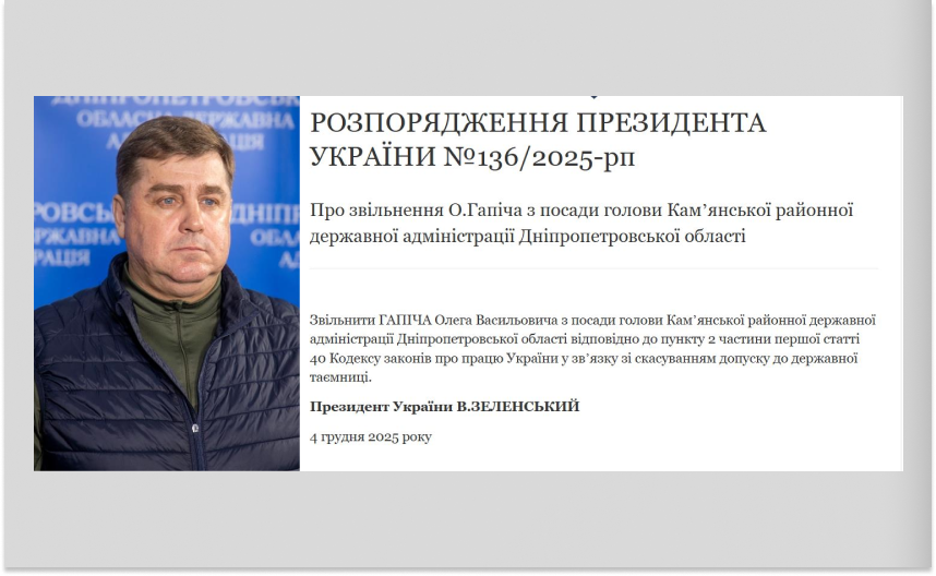 Зеленський звільнив голову Камʼянської РДА Олега Гапіча