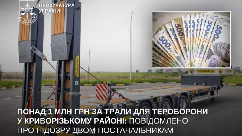На Дніпропетровщині двох постачальників підозрюють у привласненні понад 1 млн грн на тралах для тероборони